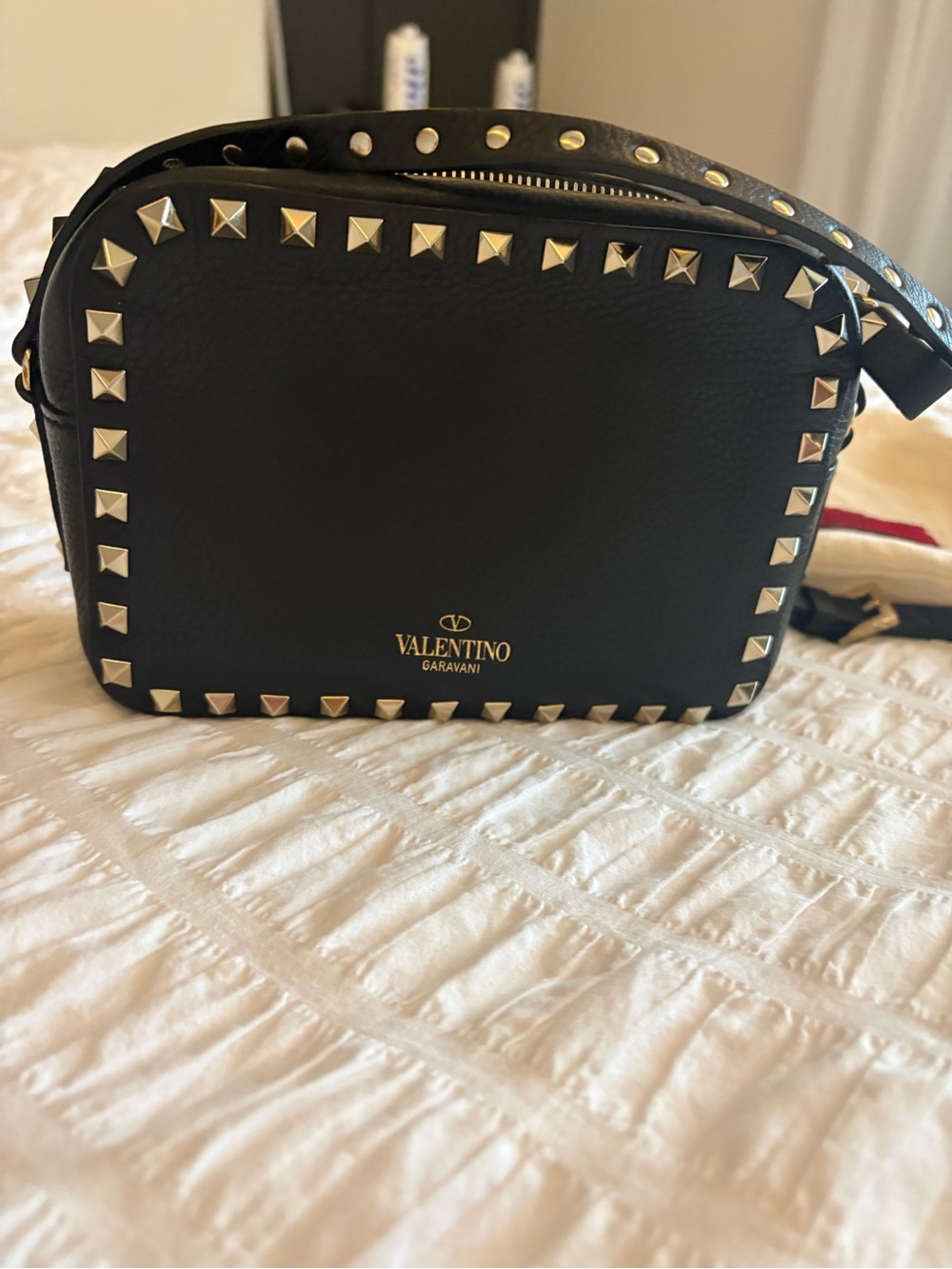 Valentino Garavani Black Leather Rockstud Crossbody with Gold Studs